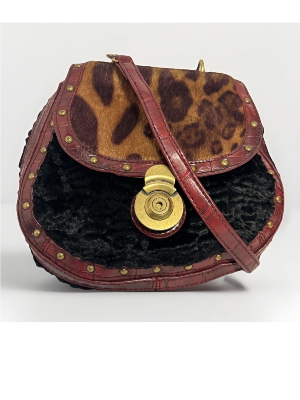 Y2K Leopard Print & Black Velvet Trendy Nine West Crossbody / Tote w Red Trim